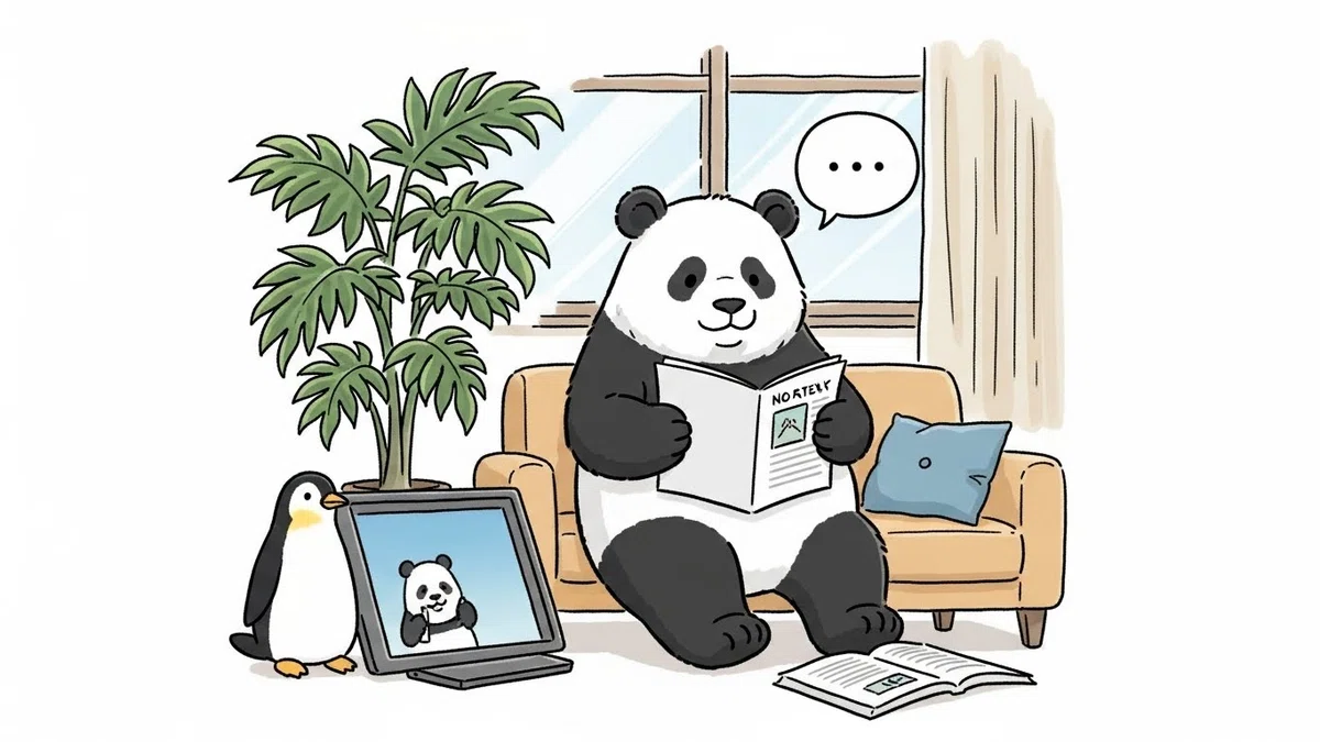 ソファーに座って記事を読むパンダ