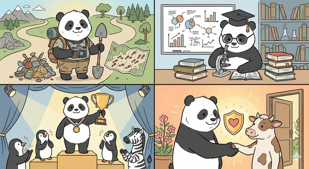 Experience(経験)、Expertise(専門性)、Authoritativeness(権威性)、Trustworthiness(信頼性)を表すパンダ。