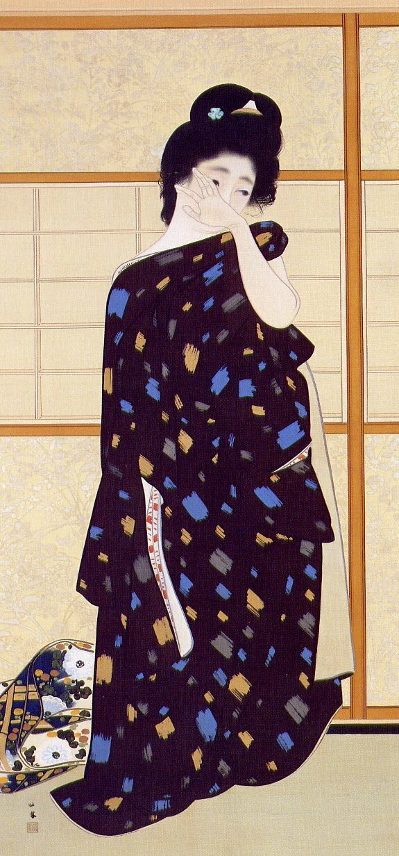 「I know」　（日本画、絵画） 竹内栖鳳の日本画『絵になる最初』(1913)は、クリムトの『接吻』(1907