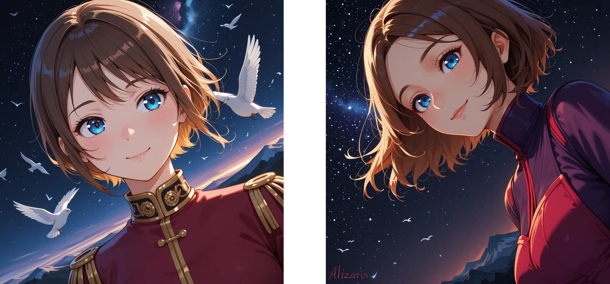 WAI-Illustrious-SDXLのv16（左）とv15（右）による、山の夜明けを背景にしたイラストの比較