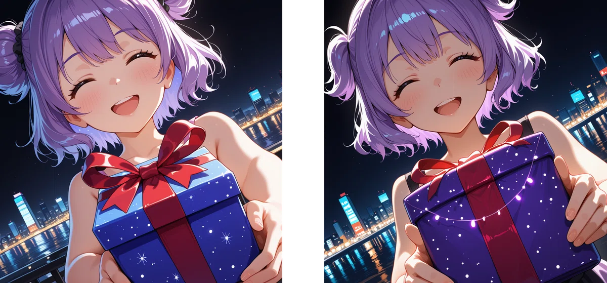 v16とv15の比較。v16の方が顔の描写が明るく、キャラクターの表情がより鮮明