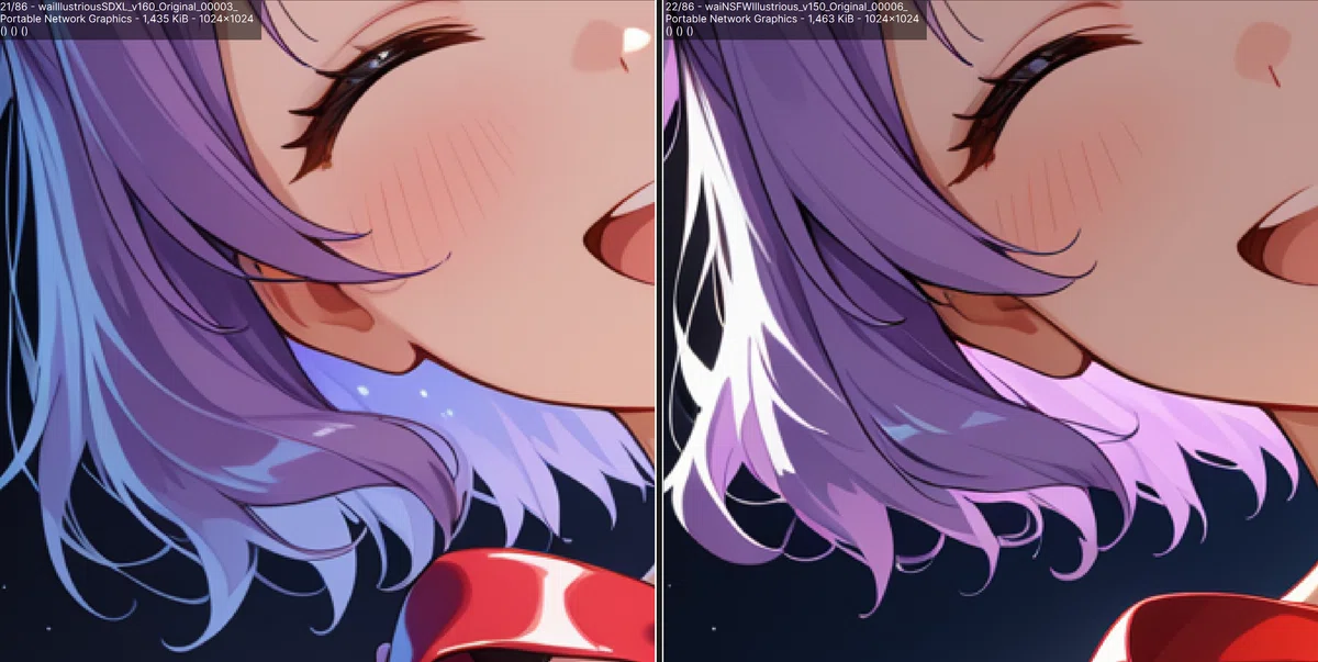 キャラクターの髪の毛のアップ。v16（左）の方が線が細かく整理されている様子