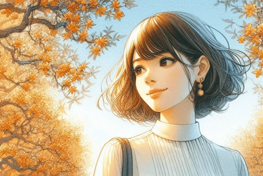 晴れた日に金木犀の木の下を歩く女性。サラサラのボブヘア、柔和な笑み、小さな耳飾りに、白のシフォンブラウス