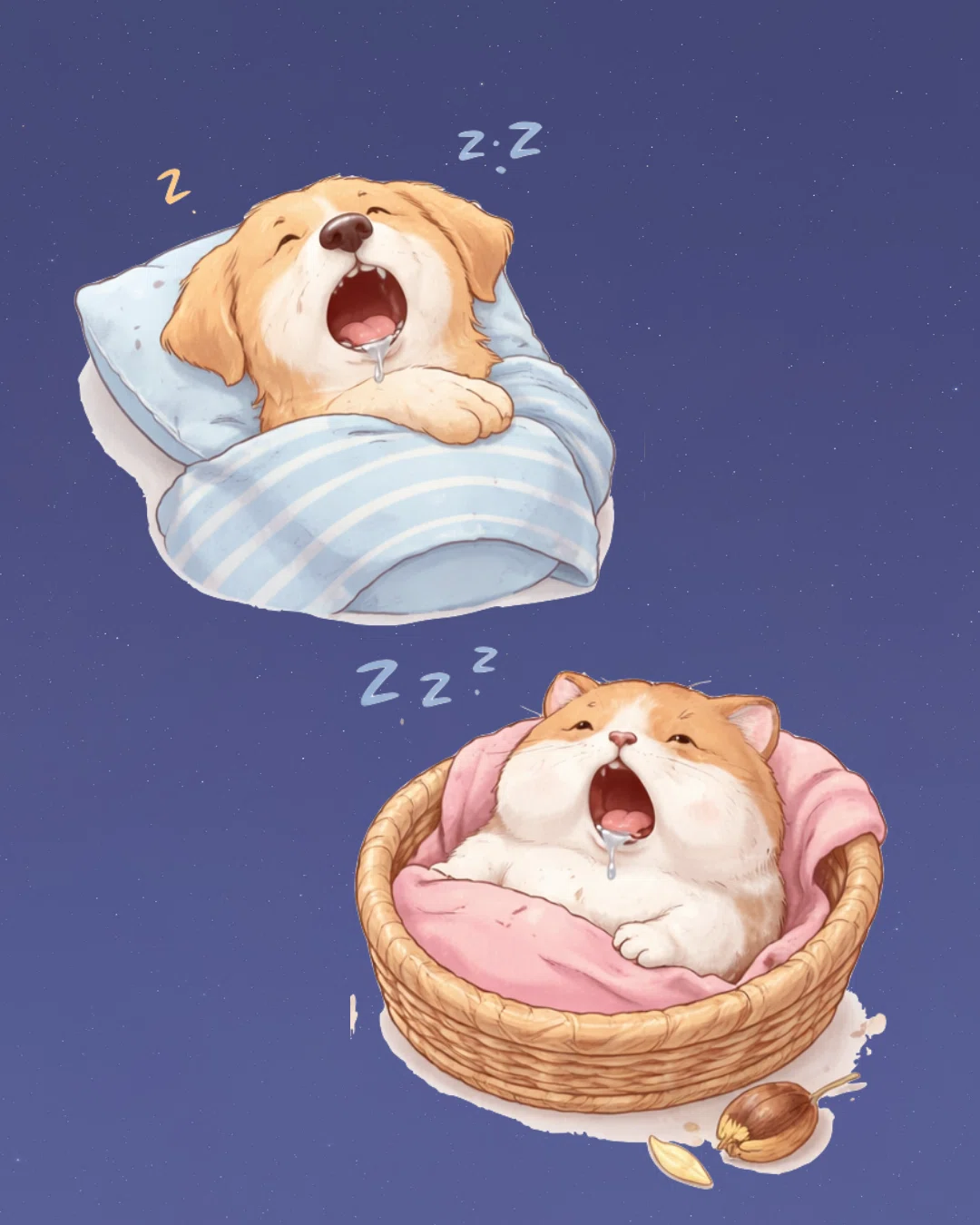 犬と猫が口を開いて寝ているイラスト