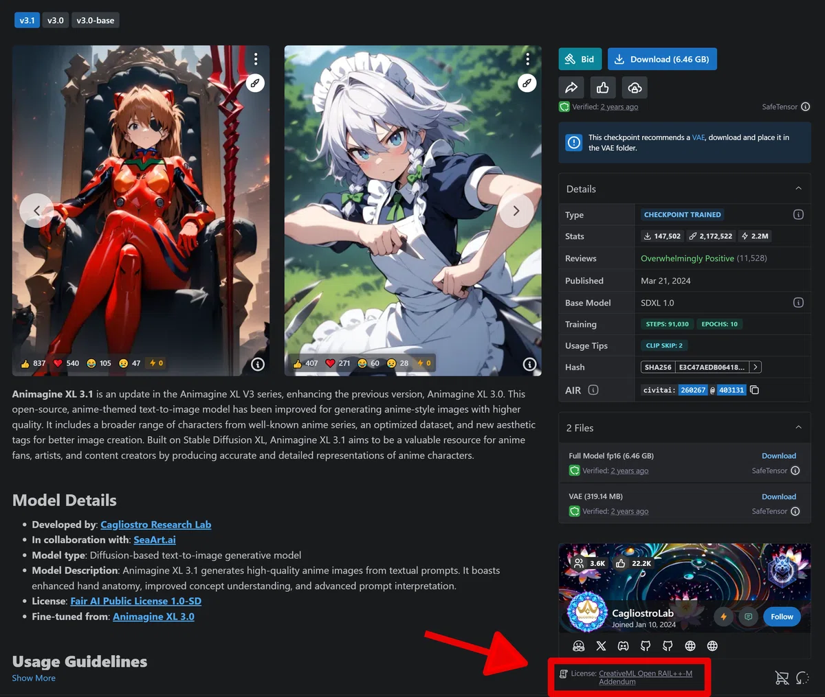 CivitaiのAnimagine-XL_3.1モデルのページ。SDXL オリジナルのCreativeML Open RAIL++-Mが表記されている