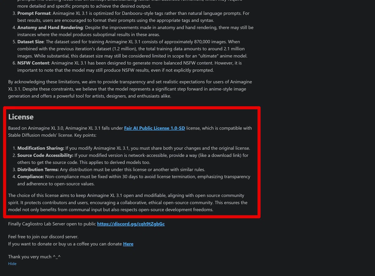 CivitaiのAnimagine-XL_3.1モデルのページ。説明文ではFair AI Public License 1.0-SDが表記されている