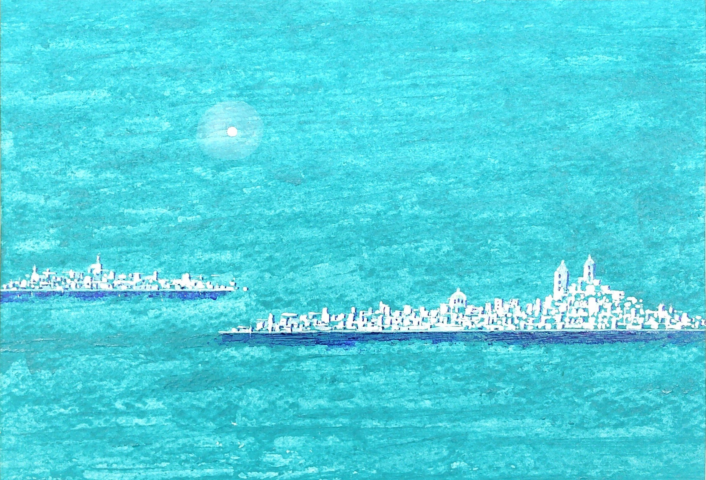 ボンジボー 青い海のミコノス 海　絵画 ミコノス島」｜KOBE kamome Atelier ボンジボー 青い海のミコノス 海 絵画