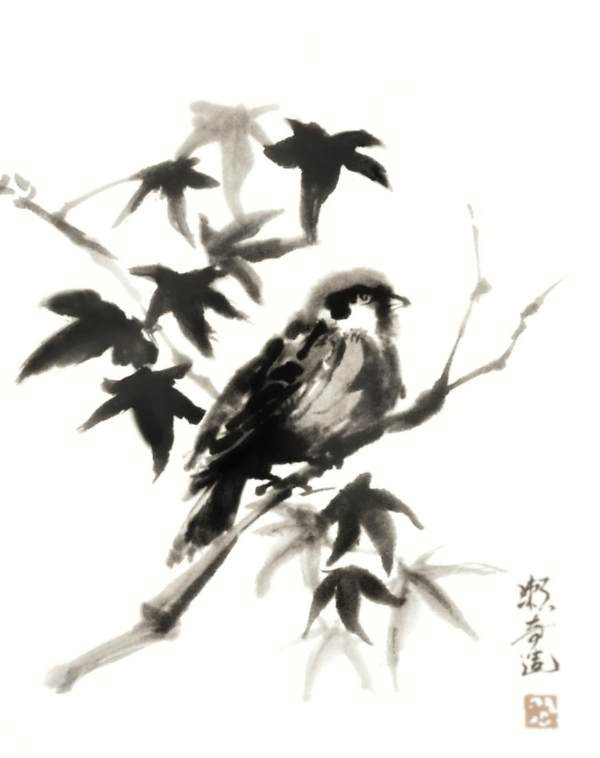 紅葉に雀』水墨画｜せきぞう、