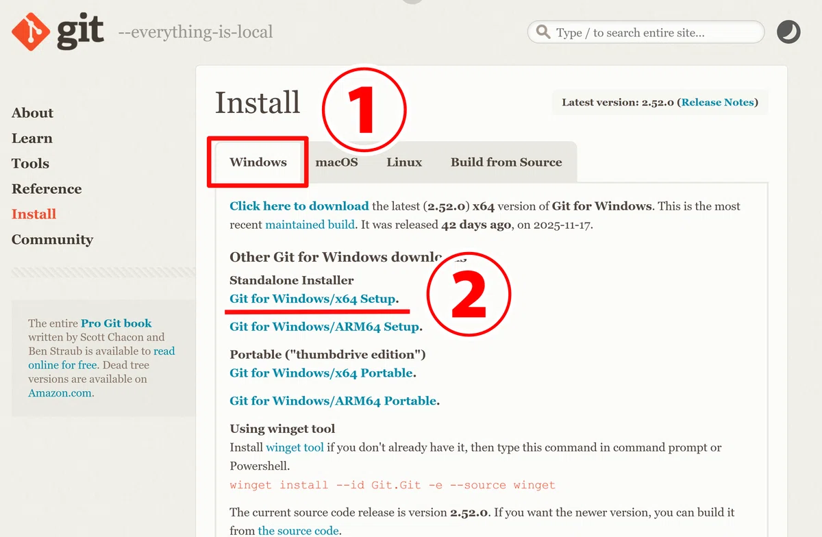 Git公式サイトのダウンロードページ。Windows用インストーラーの選択画面