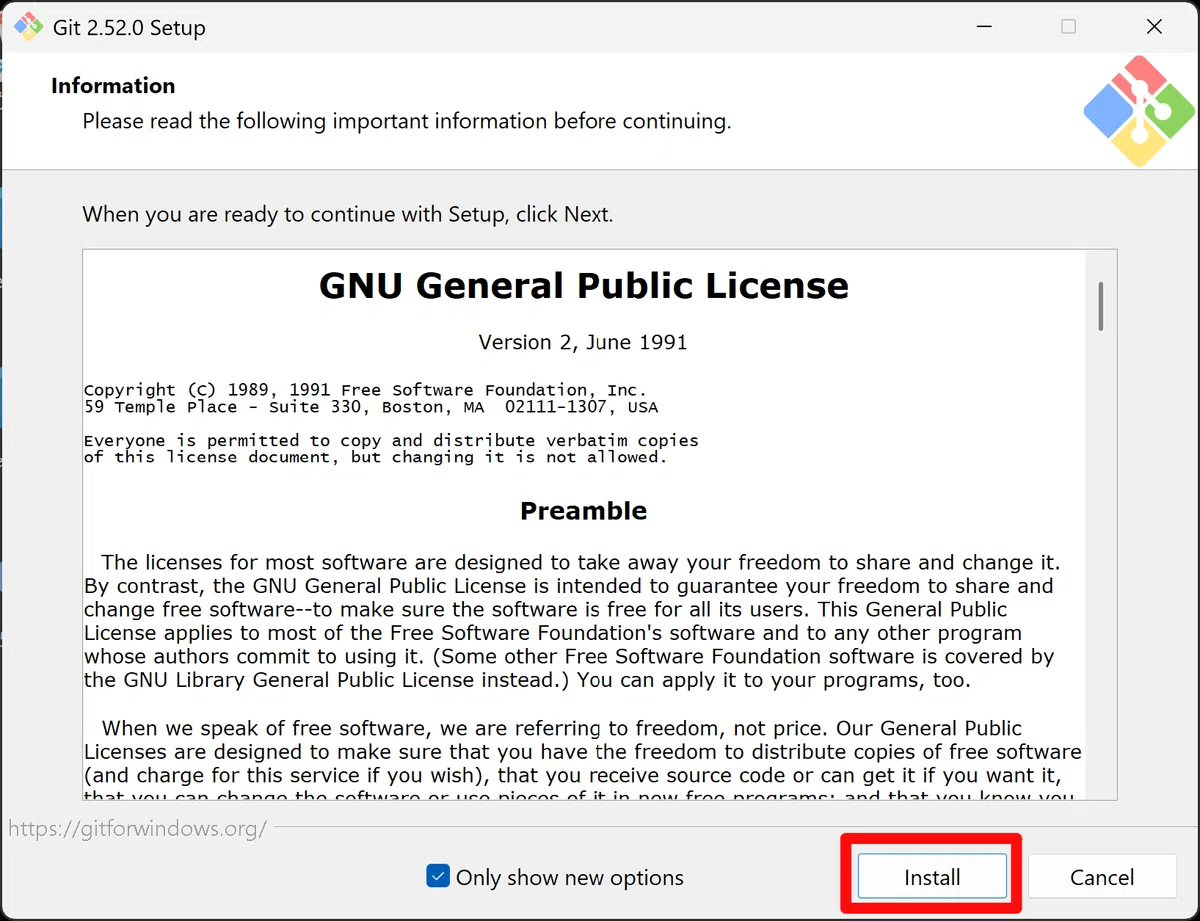 Gitインストーラーの実行画面。設定オプションの確認ダイアログ