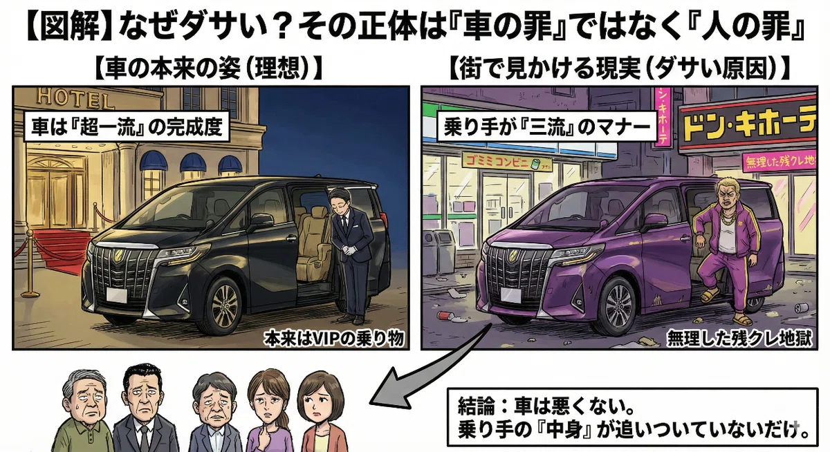 【図解】アルファードがダサいと言われる本当の理由（車自体の性能は一流だが、マナーの悪い乗り手や無理な残クレ購入者がイメージを下げている構図）