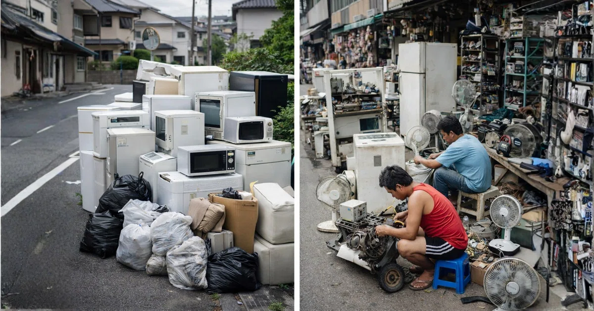 日本の住宅街に積み上げられた冷蔵庫や家電の粗大ゴミと、フィリピンで壊れた電気製品を修理し続ける人々の様子を対比した風景。