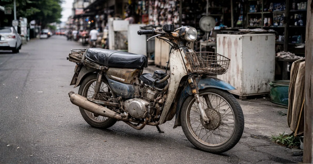 フィリピンの街角で、年季の入った50ccのバイクが静かに停まっている。サビや補修跡が残る車体だが、今も日常の足として使われている様子が伝わる風景。