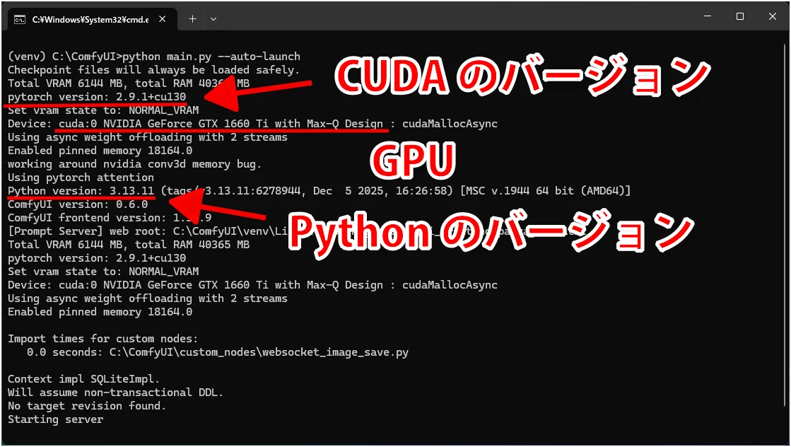 python main.py --auto-launch を入力してComfyUIを起動したログ画面