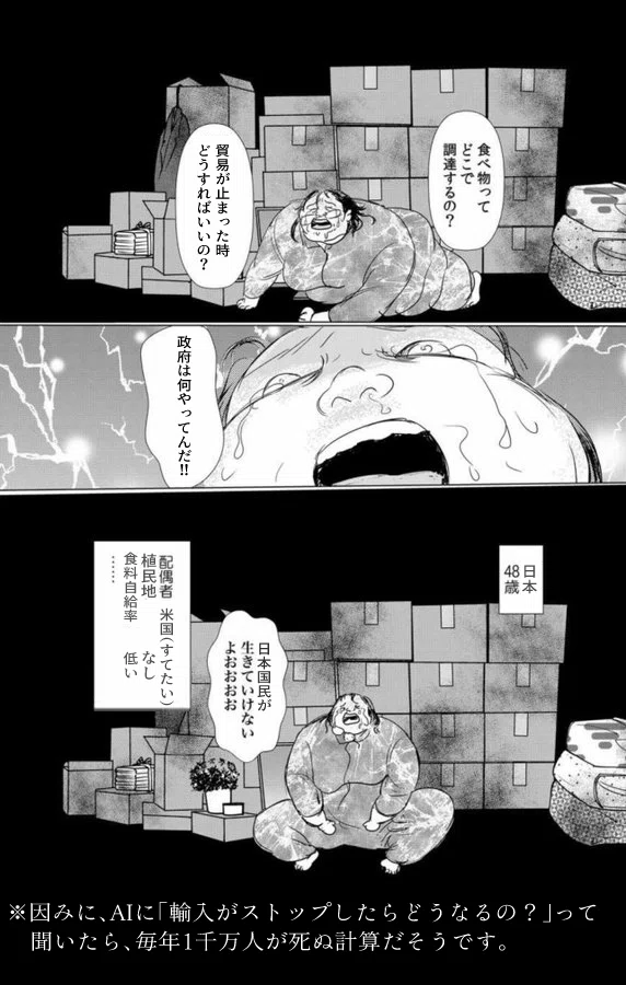 「国家が福祉を維持できなくなったらどうすればいいの？」「国債が増えすぎているのにそのリターンを払えない時はどうするの？」「食べ物ってどうやって調達するの？」「政府が悪い！」「日本国2685年才」「国民生きていけないよ！」「配偶者、アメリカか中国、植民地、なし、食料自給率、低い」米軍「頭悪い癖に口うるさいし、借金（国債約1317兆円）も多いし、原子力潜水艦もあるので正直もう捨てたい」