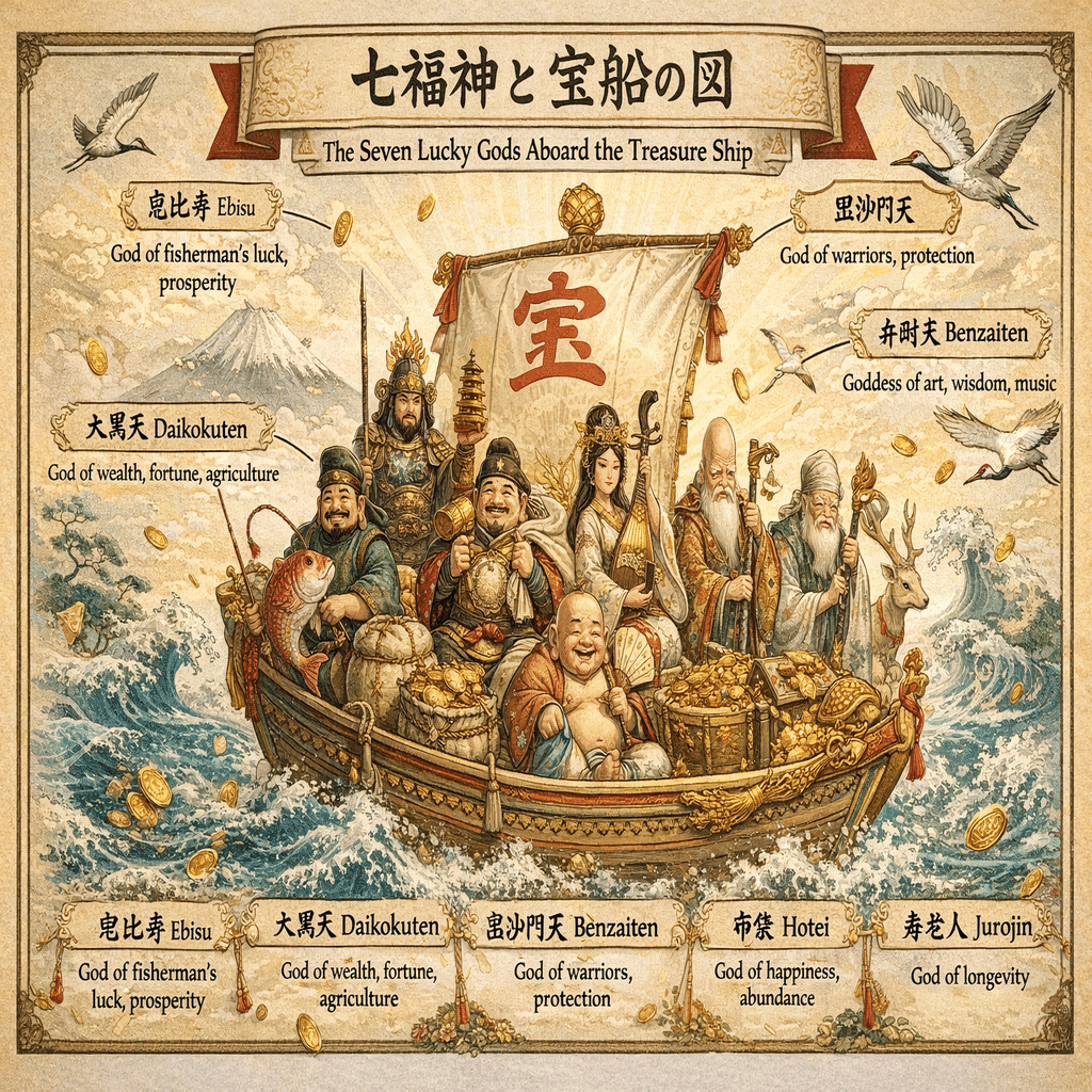 七福神と宝船。8人いる。｜画像生成AI｜ChatGPT｜DiT｜最新言語モデル