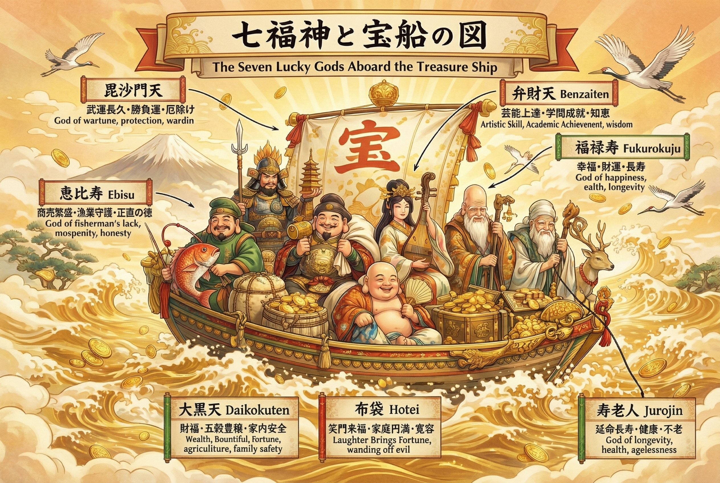 七福神と宝船。8人いる。｜画像生成AI｜ChatGPT｜DiT｜最新言語モデル