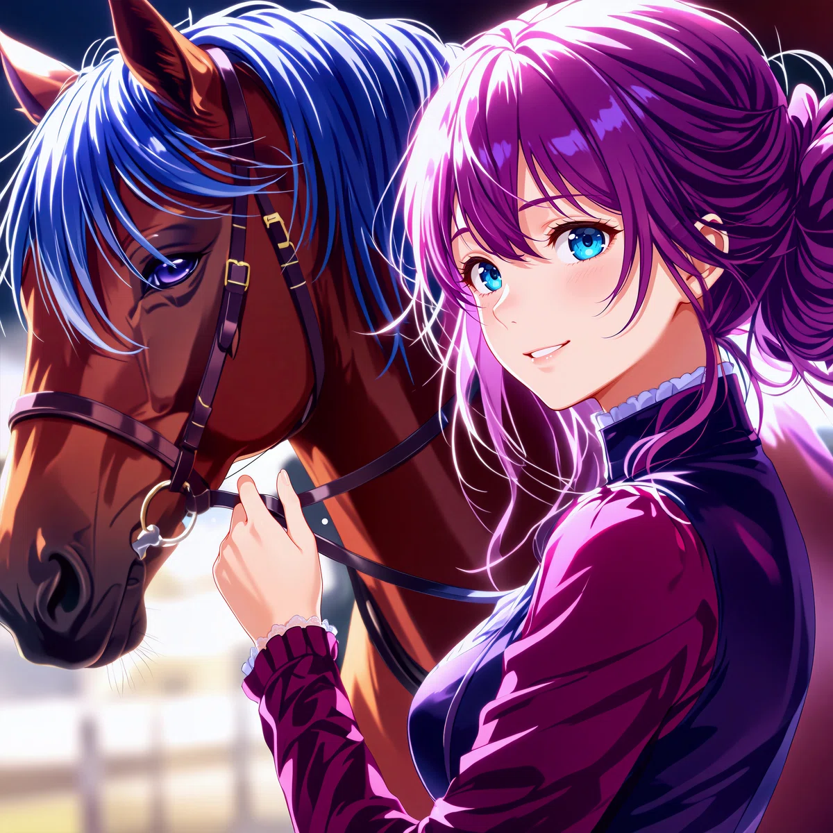 栗色の馬と微笑する紫髪の女性のアニメイラスト