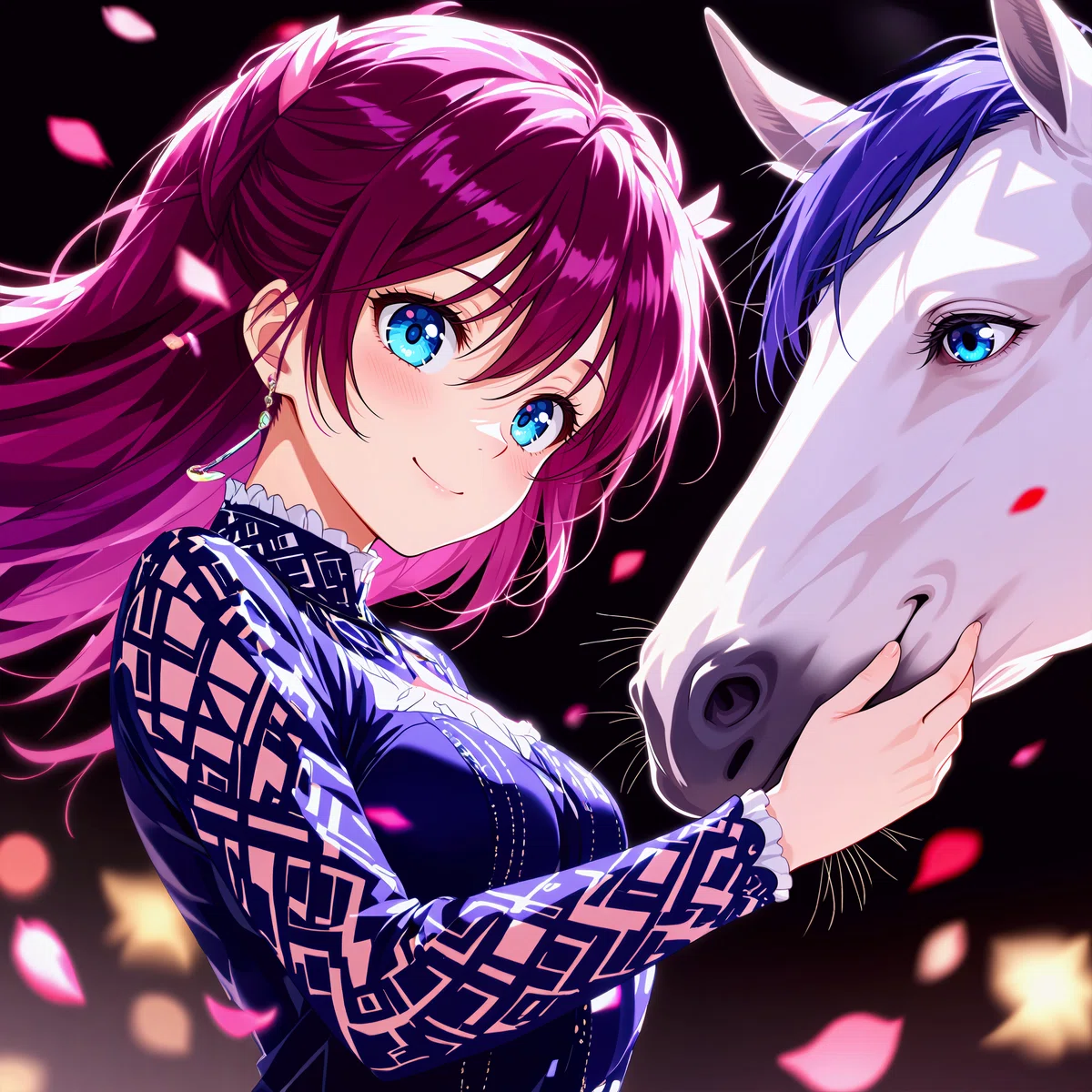 白馬の顎を優しくなでる紫髪の女性のアニメイラスト