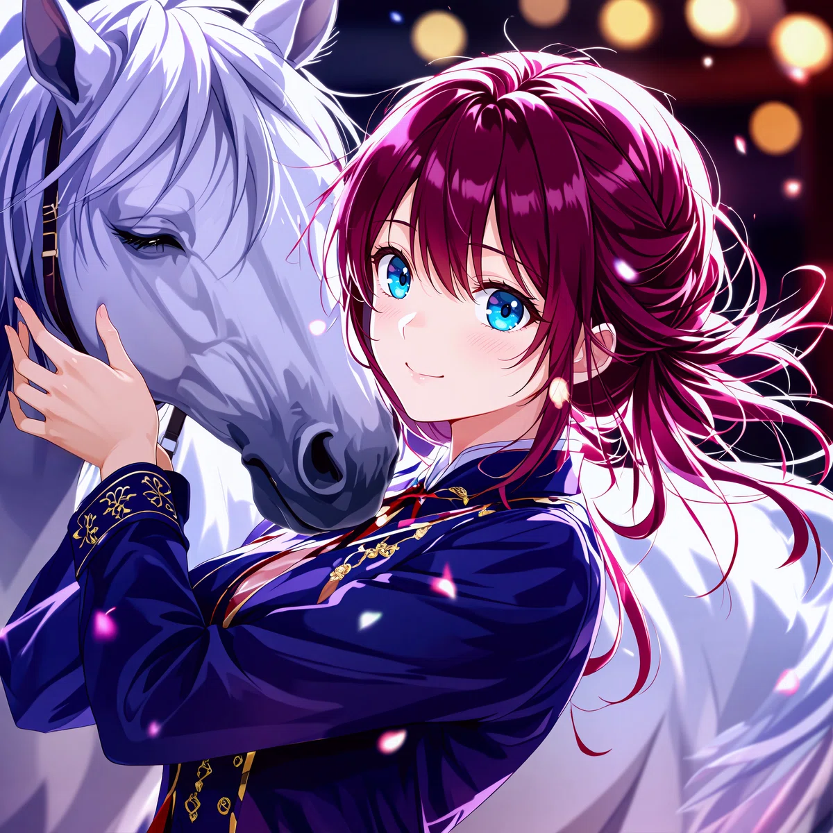 白馬をなでる紫髪の女性のアニメイラスト