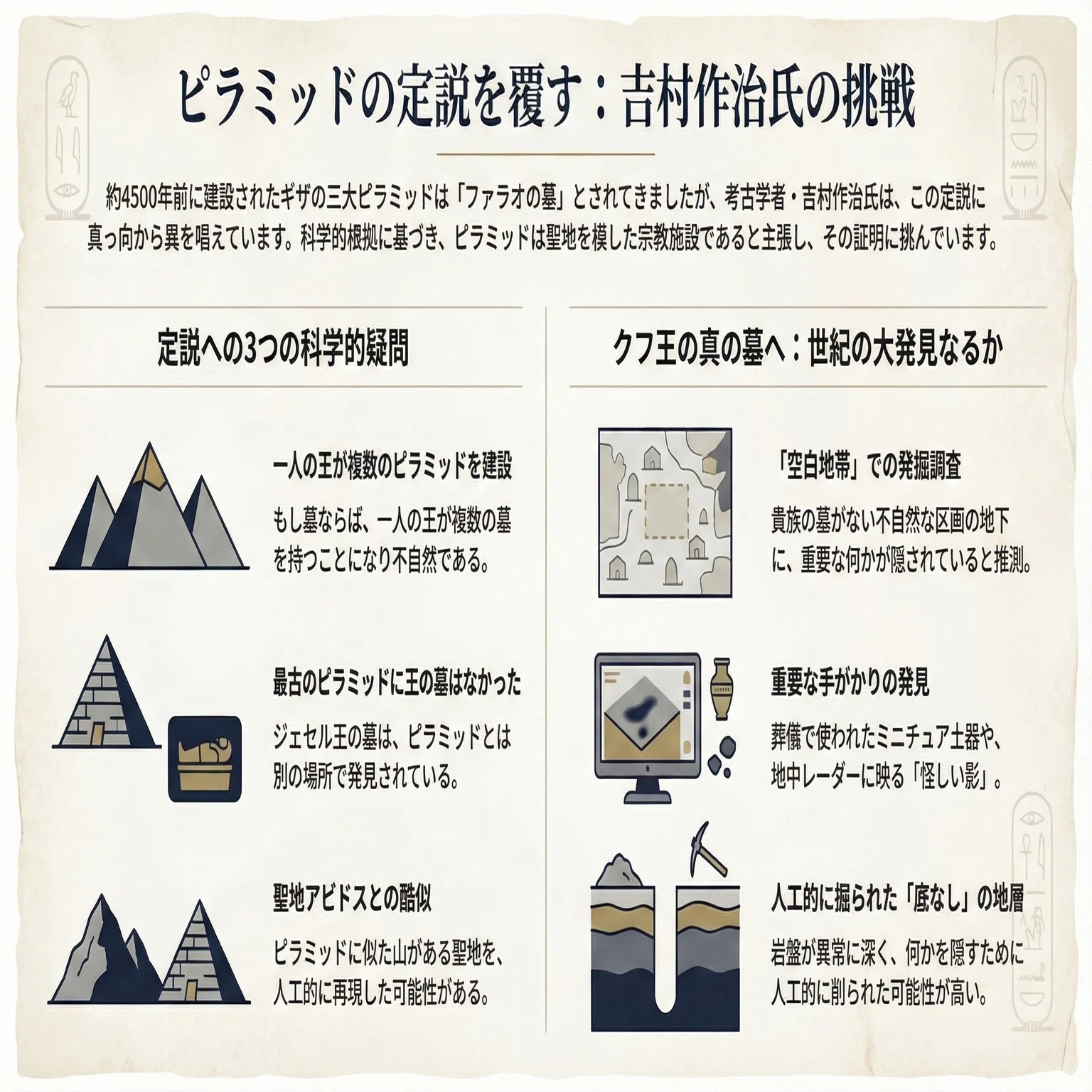 エジプト学の巨匠が挑む最後の謎：ピラミッドは本当に「王の墓」なのか