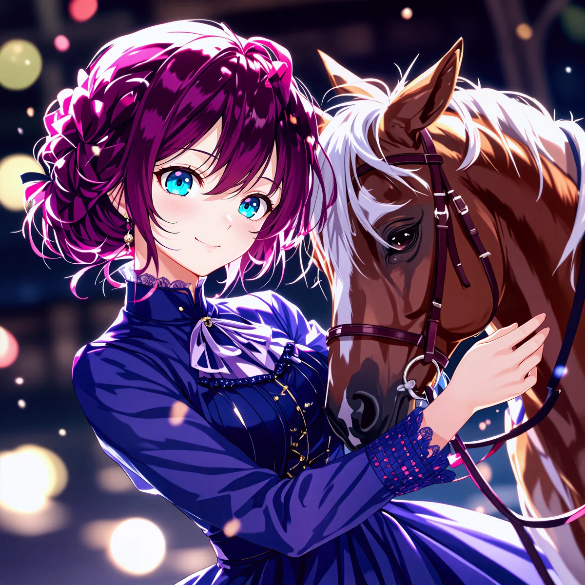 紫髪の女の子と栗毛の馬のアニメイラスト