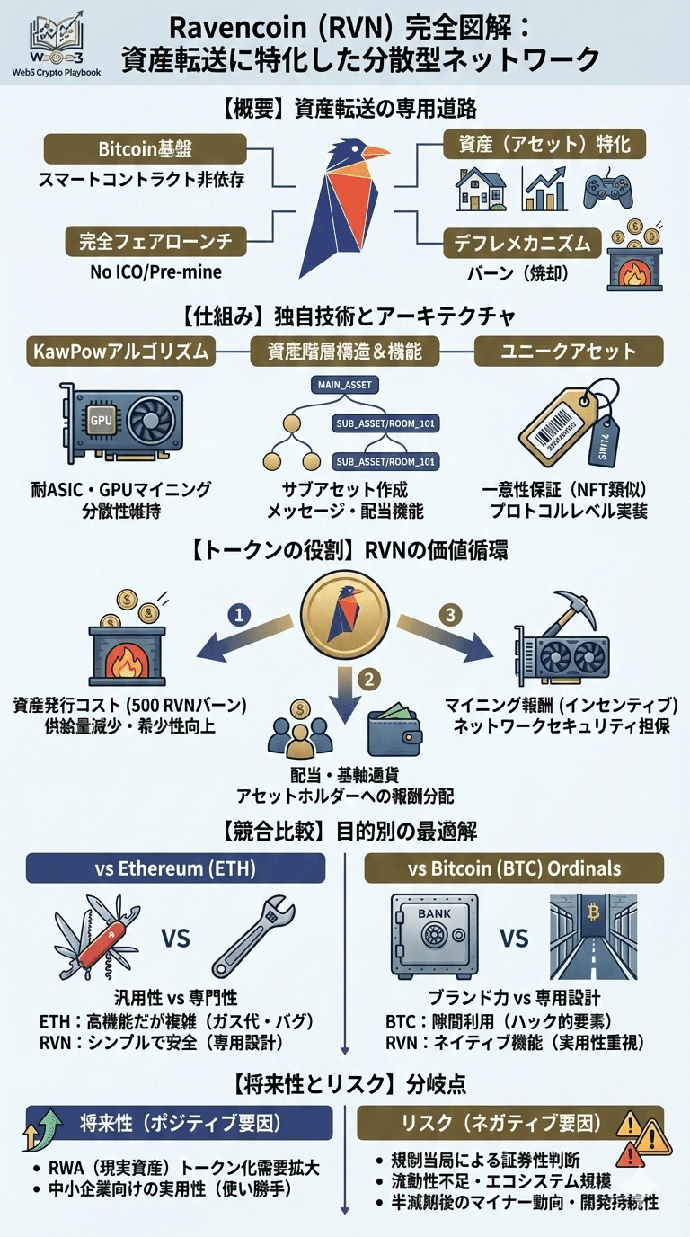 暗号資産レイヴンコイン(RVN)とは？資産発行に特化したビットコイン系銘柄を解説｜Web3 Crypto Playbook