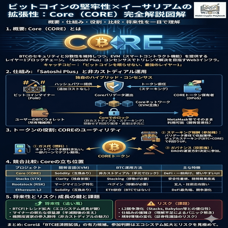 暗号資産コア(CORE)とは？将来性は？ビットコインの安全性とイーサリアムの機能を融合した仕組みを解説｜Web3 Crypto Playbook