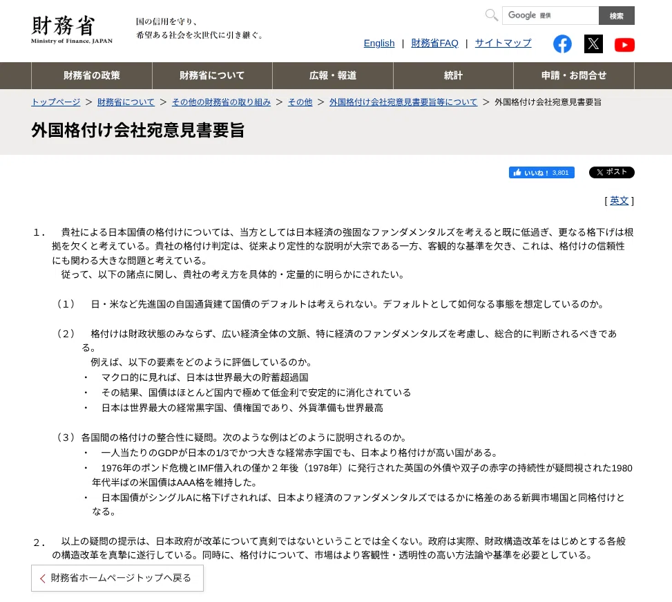 外国格付け会社宛意見書要旨