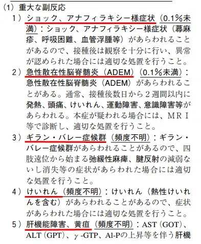 インフルエンザワクチンの副反応(重大な副反応)ショック、アナフィラキシー様症状
急性散在性脳脊髄炎(ADEM)
ギラン・バレー症候群
けいれん
肝機能障害、黄疸
喘息発作
血小板減少性紫斑病、血小板減少
血管炎(アレルギー性紫斑病、アレルギー性肉芽腫性血管炎、白血球破砕性血管炎等)
間質性肺炎
脳炎・脳症、脊髄炎
皮膚粘膜眼症候群(Stevens-Johnson症候群)