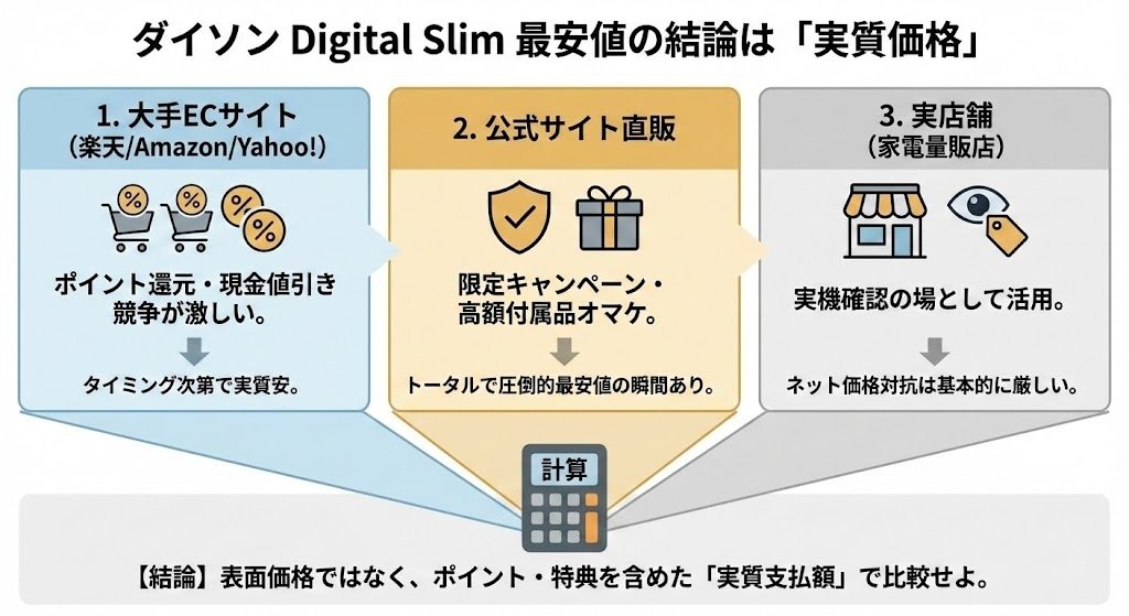 ダイソン デジタルスリムの最安値は？安く買う方法と損しない底値