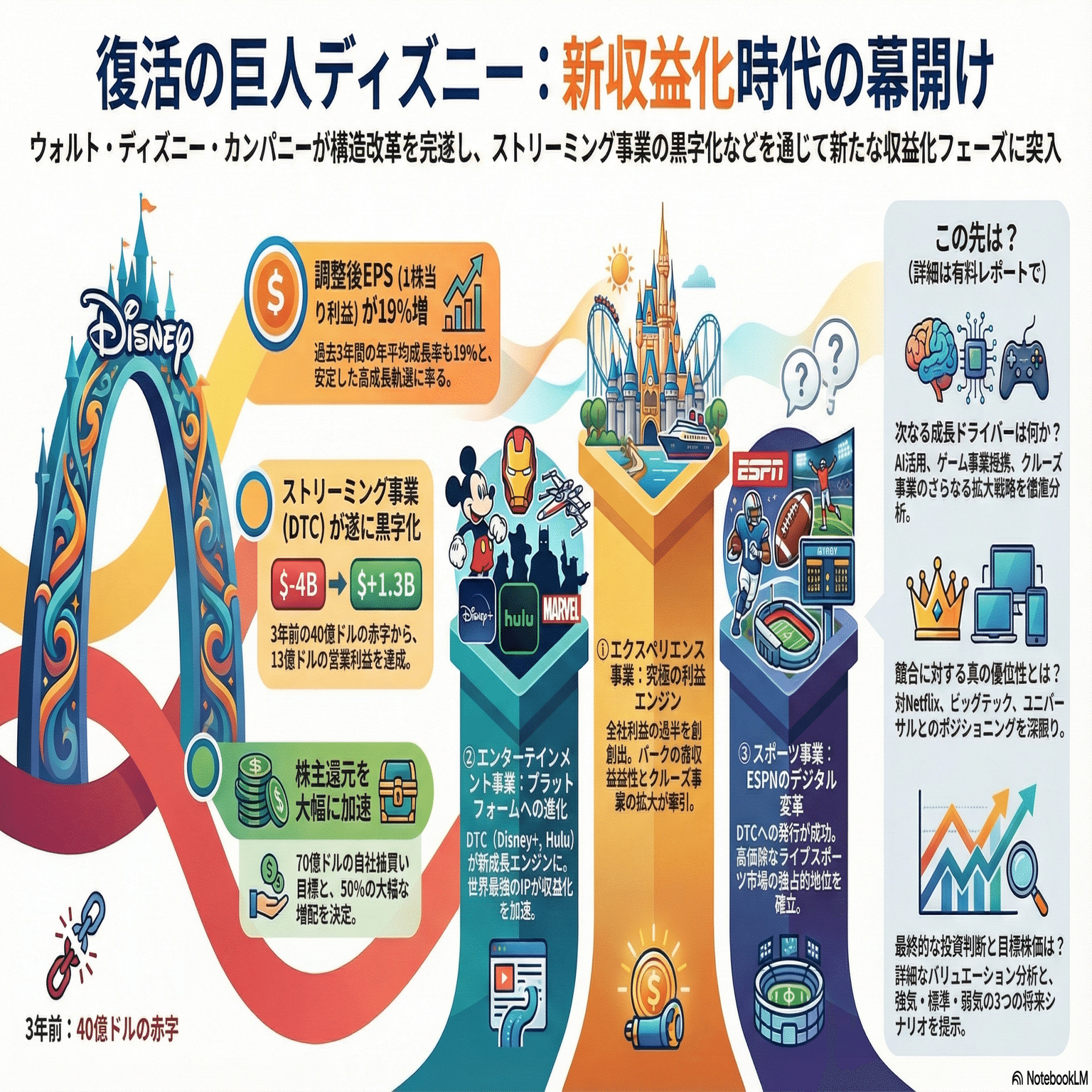 DIS】ディズニー「70億ドル還元」の衝撃：ストリーミング黒字化と26年二桁成長が約束する巨人の逆襲｜HR7