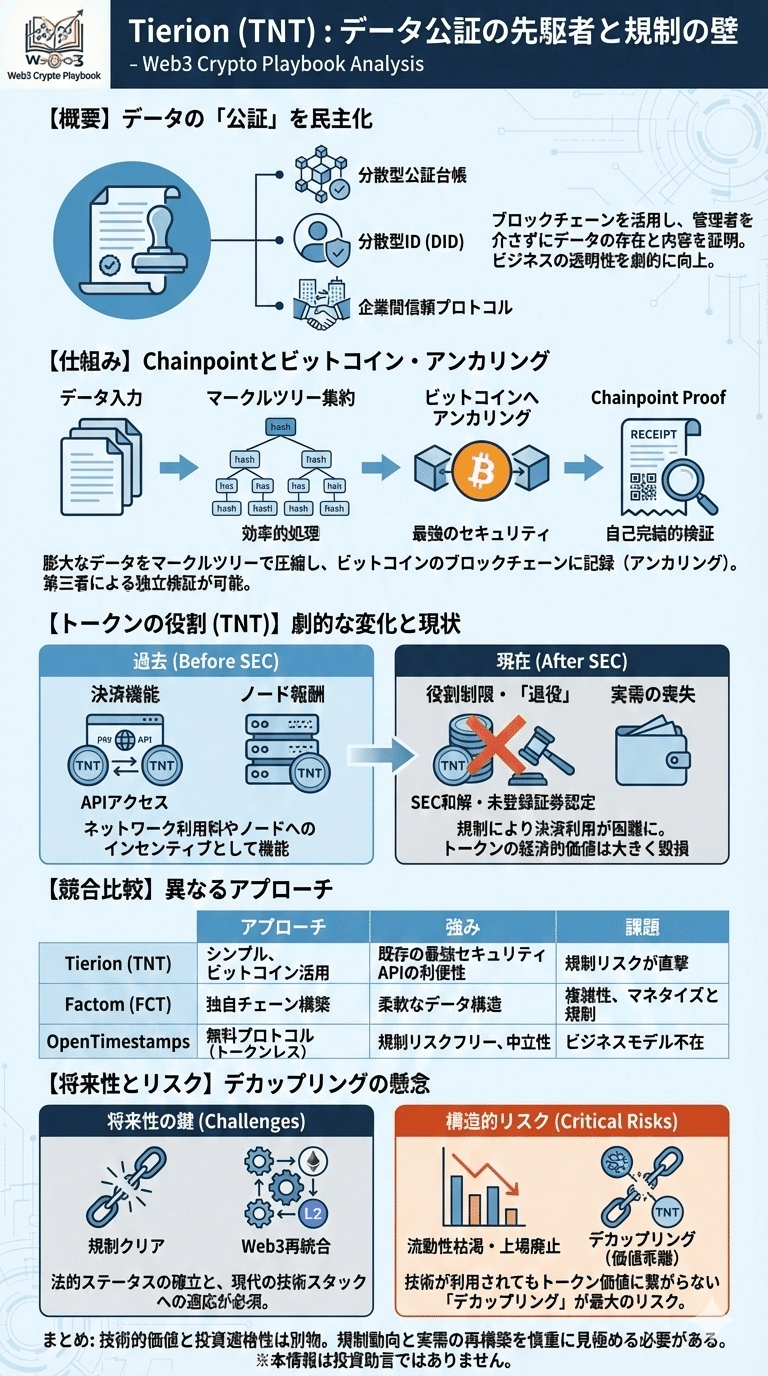暗号資産Tierion(TNT)とは？将来性は？SEC和解後の現状と「技術とトークンが乖離したリスク」を解説｜Web3 Crypto Playbook