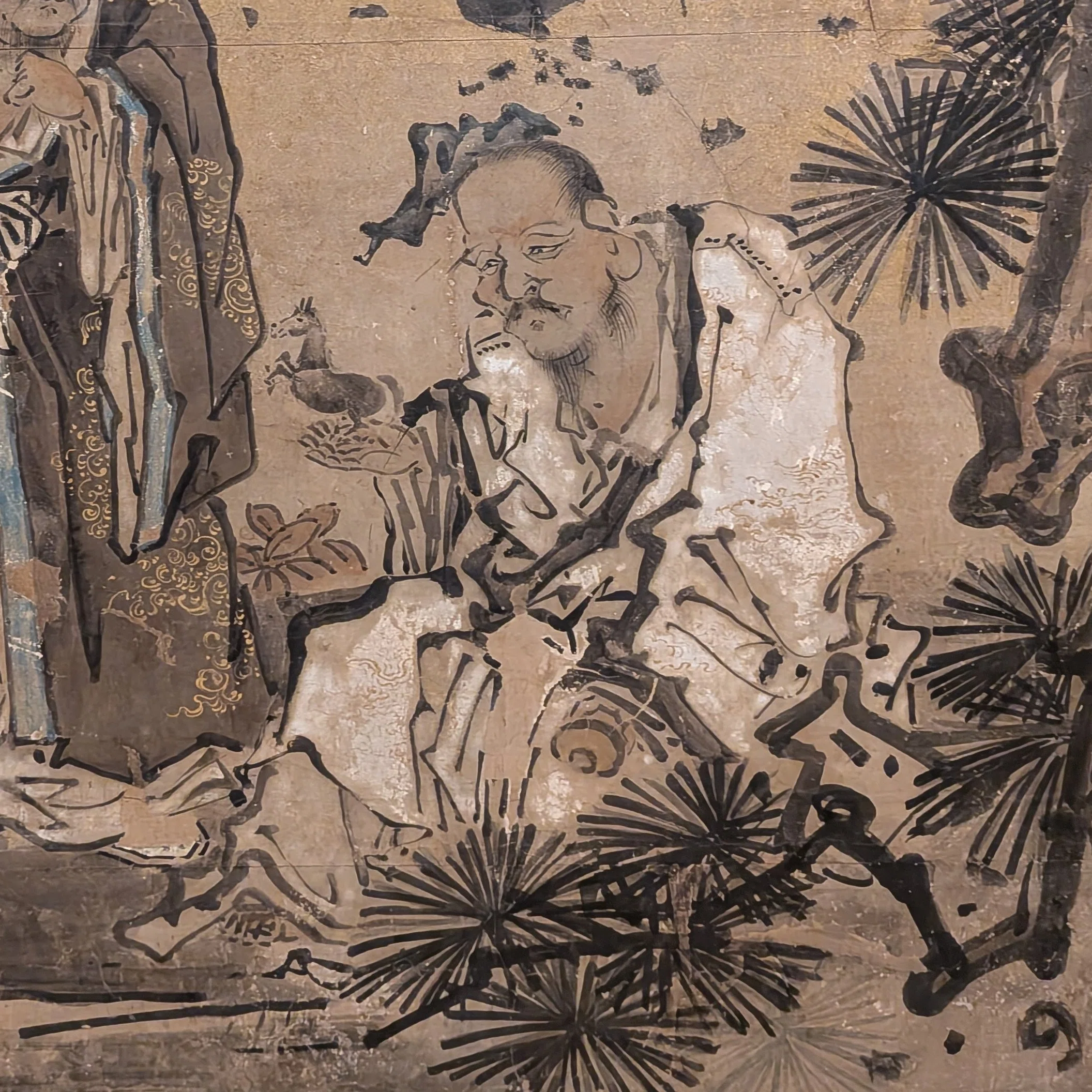 中国画　　肉筆画　【　通玄仙人瓢箪から駒之図　】　朱の絹本下地に水墨　381 1767503910-
