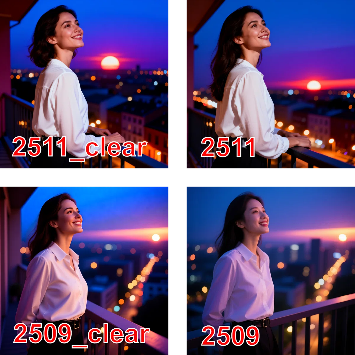 街並みの夕暮れをテーマにしたフォトリアルイラストの4枚の比較。上段が2511、下段が2509、左右でclearとオリジナルを比較
