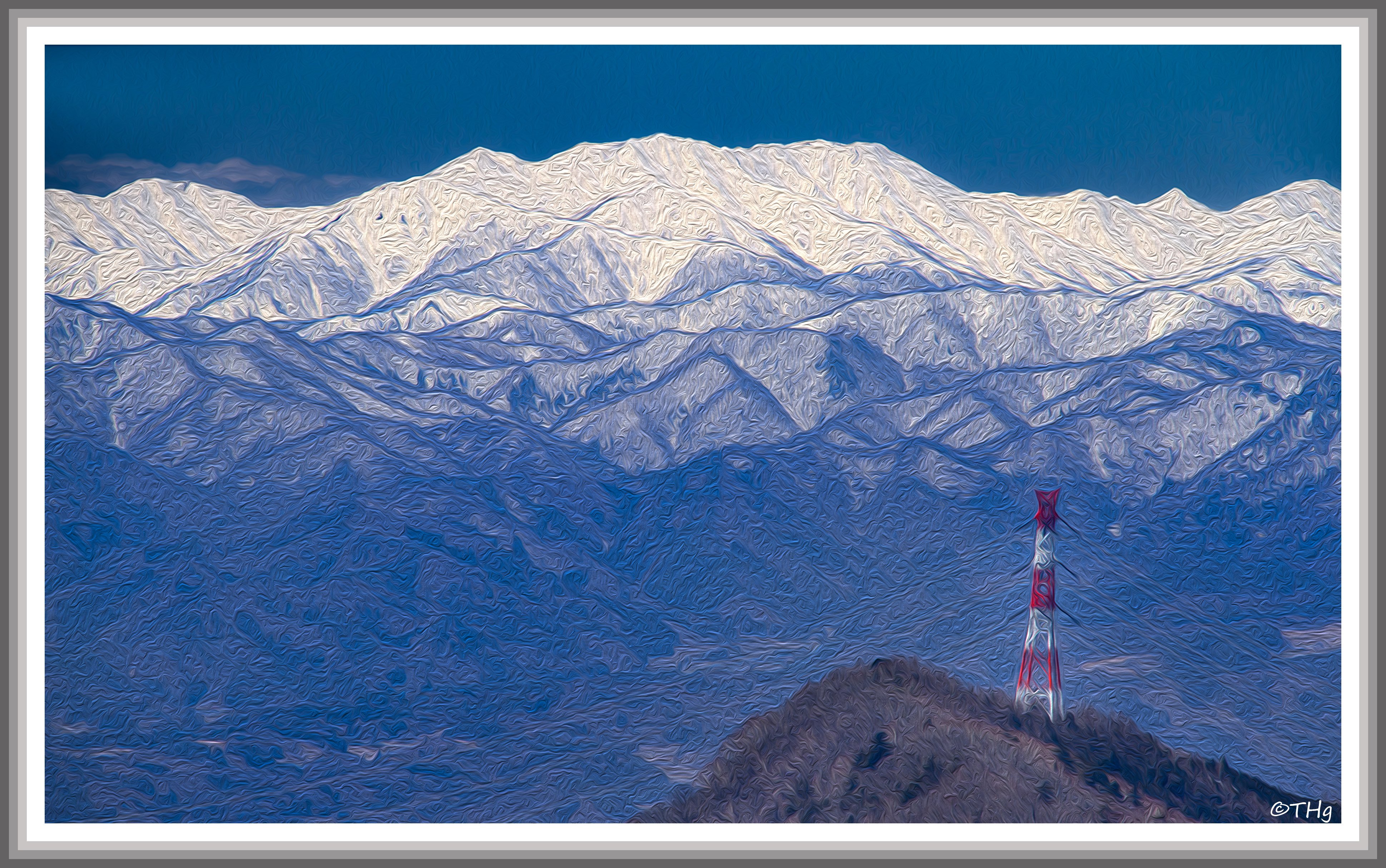 鉄塔と冬山（油彩風）｜taka