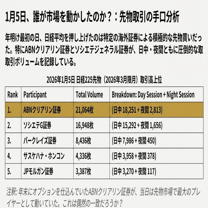 2026年1月5日】本日の株式市場：「市場急騰の仕掛け人（欧州系が日中先物3.8兆円投下!!）と新国策銘柄」｜Desk Research Design