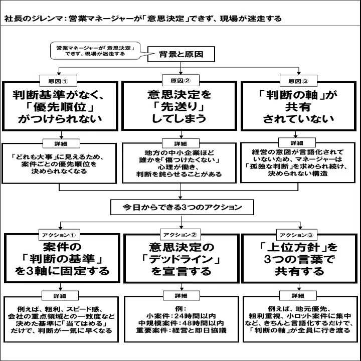 社長のジレンマ：営業マネージャーが「意思決定」できず、現場が迷走