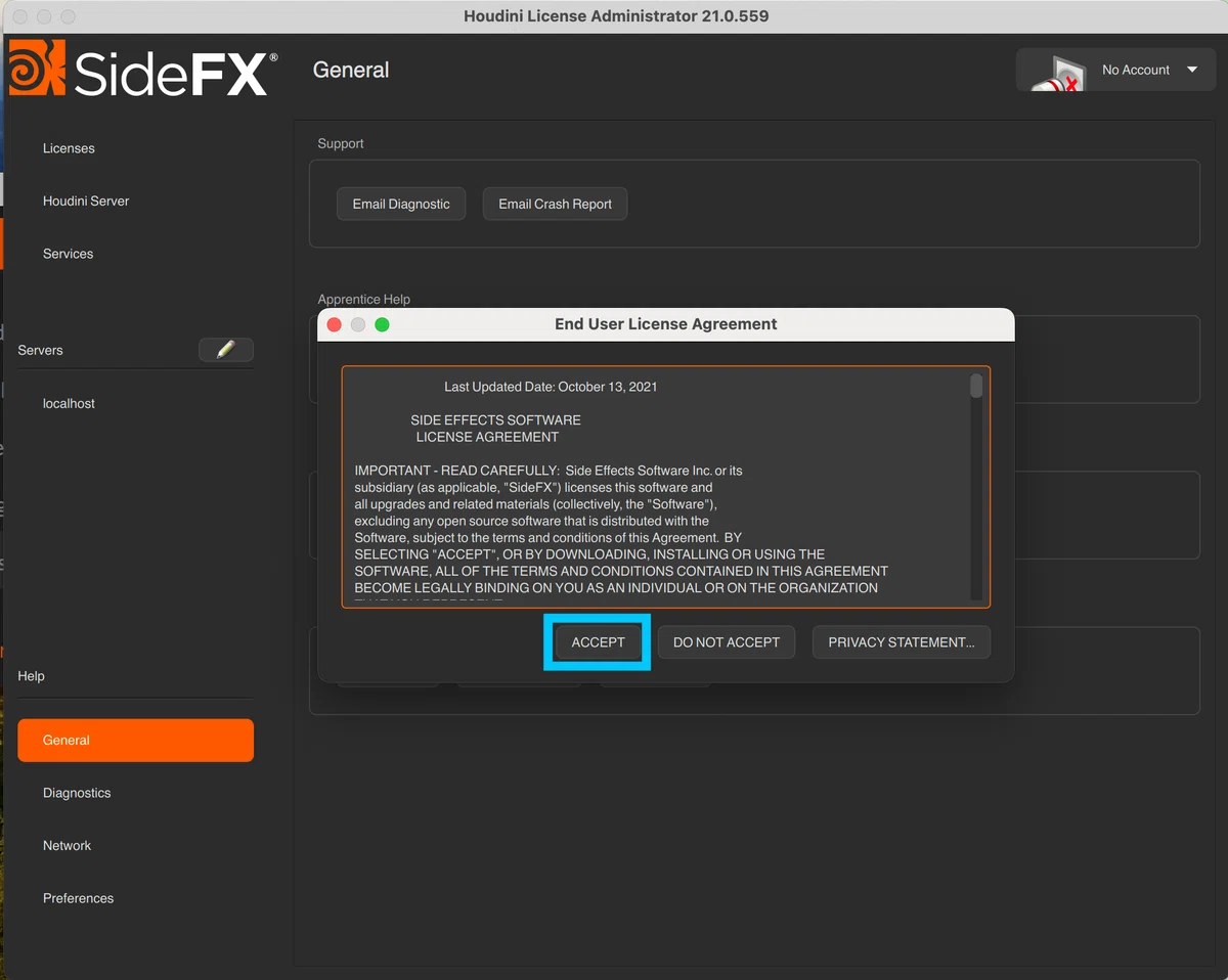 Houdiniの起動後、Houdini License Administratorでログインを求め