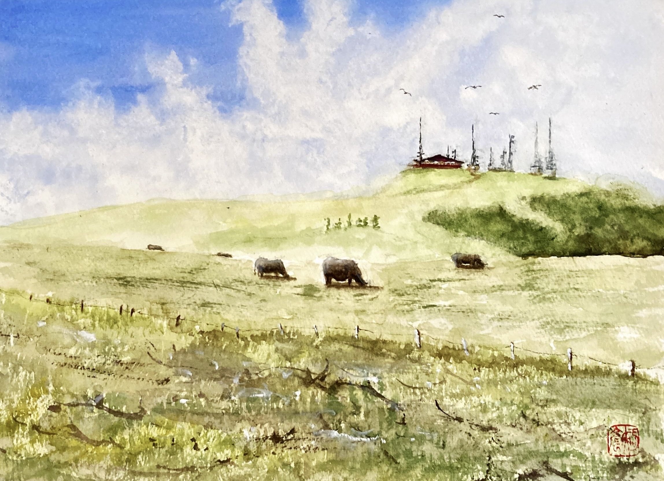 水彩画156】旅の思い出：美ヶ原の電波塔。｜tatatotoya