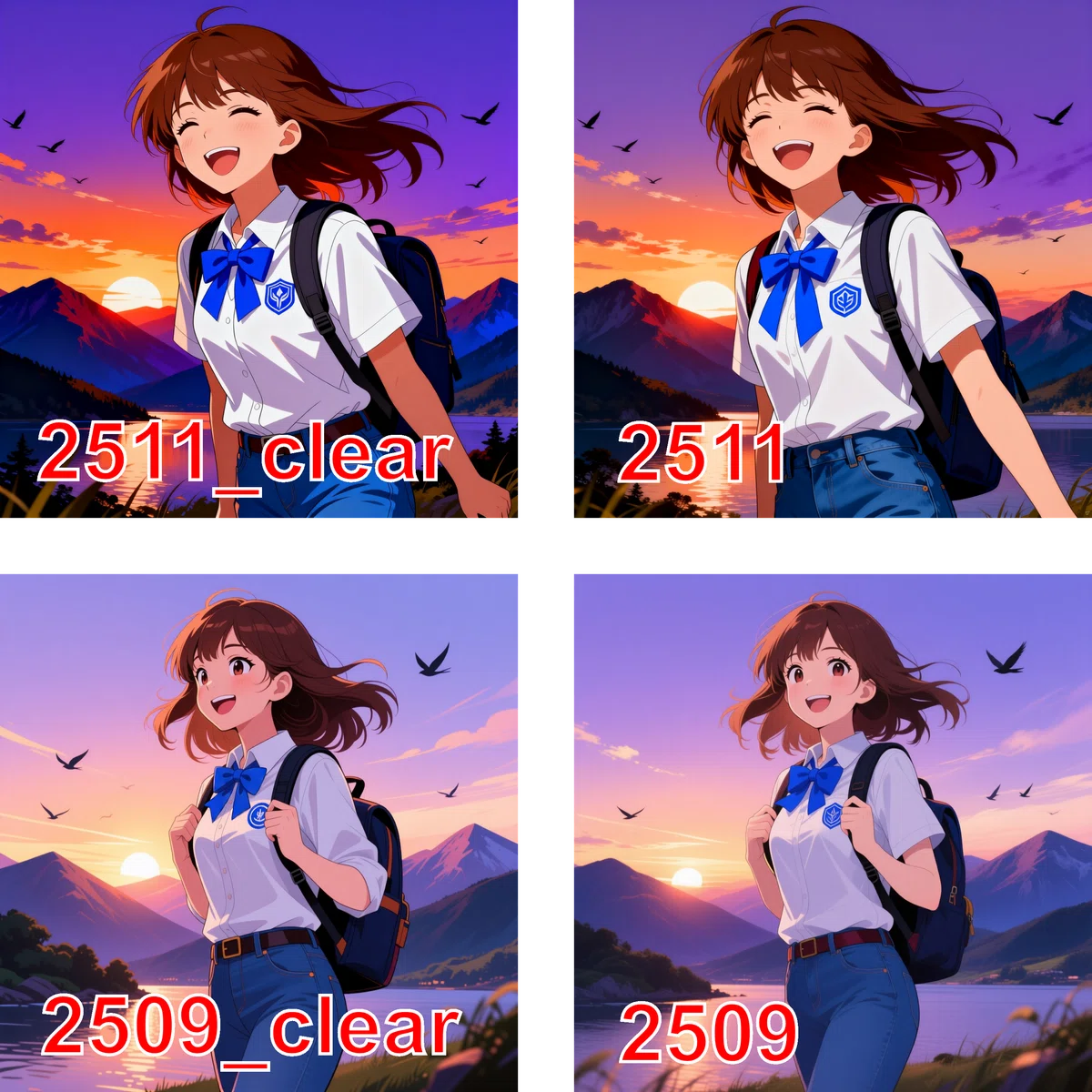 山の夕暮れをテーマにしたアニメイラストの4枚の比較。2511モデルの方がノイズが少なくクリアな風景表現になっている