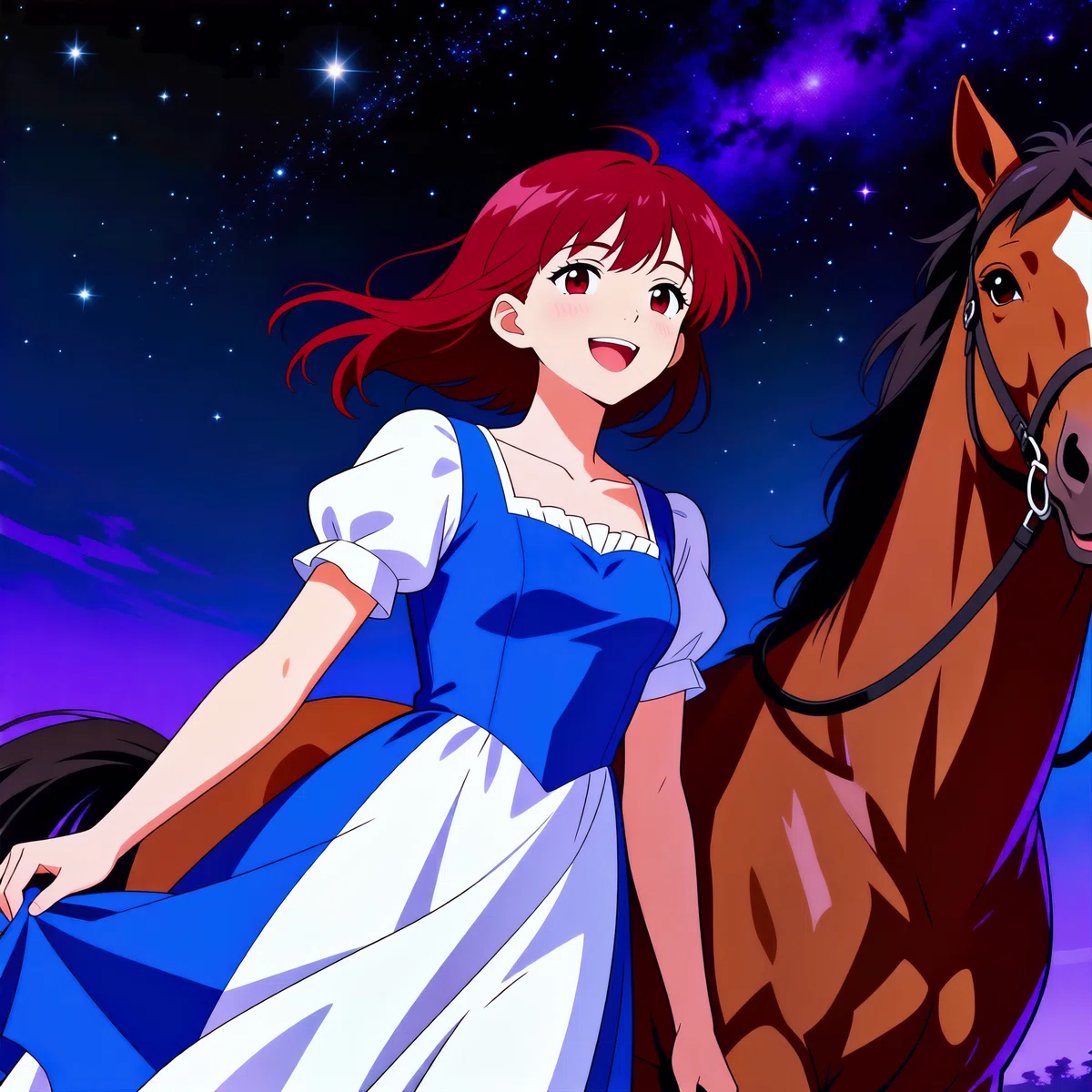 Qwen-Image-Edit-2511_clear のアニメイラスト、栗毛の馬と青と白の服を着た女性
