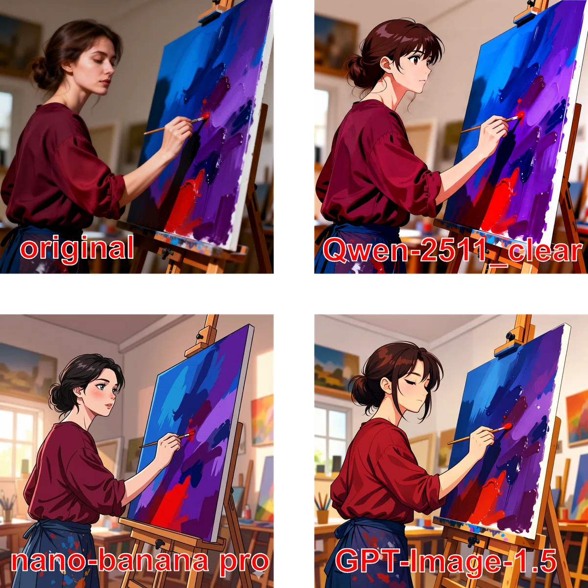 Qwen-Image-Edit-2511_clear と Nano Banana Pro と GPT-Image-1.5 の画像編集の比較、フォトリアルからアニメイラストへ変換