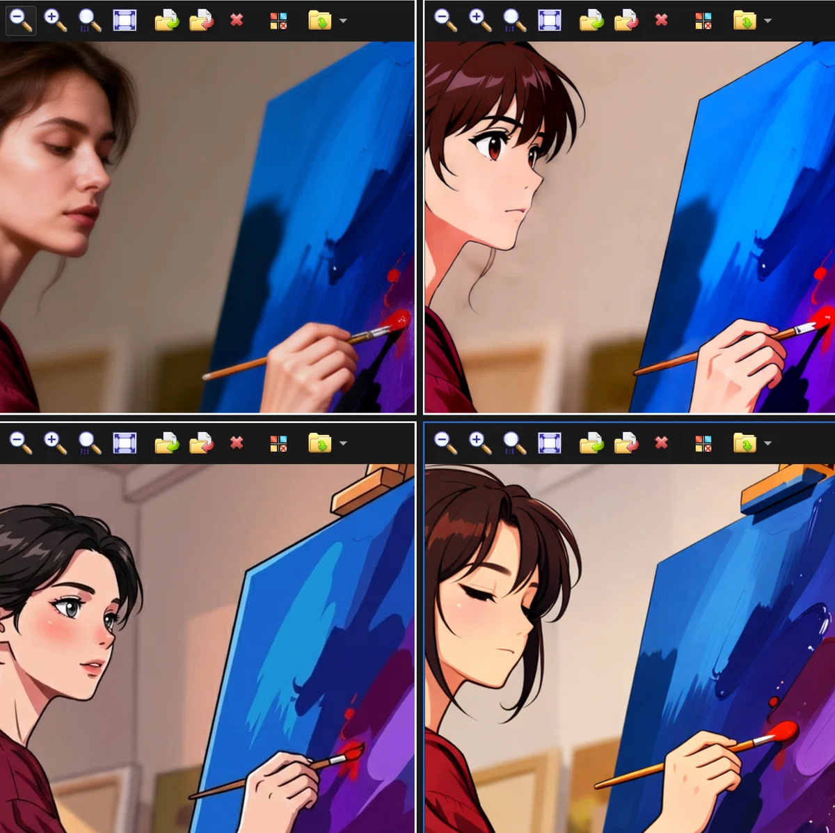 Qwen-Image-Edit-2511_clear と Nano Banana Pro と GPT-Image-1.5 の画像編集の比較、フォトリアルからアニメイラストへ変換の拡大図