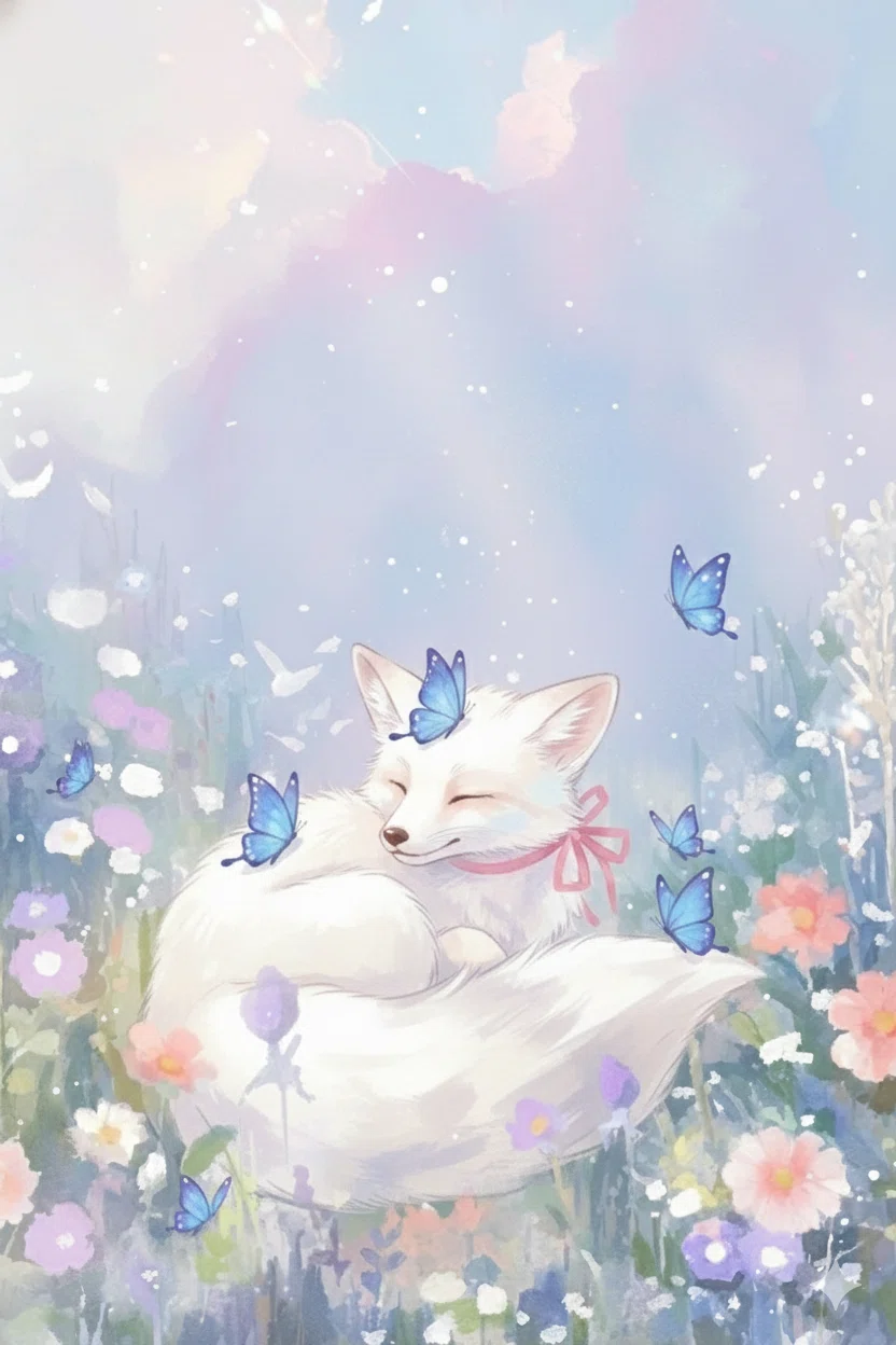 【一点物】 春風に微笑む狐少女 AIイラスト 色紙アート 花畑できつねが見つけたもの【Midjourney｜画像生成AI｜AIイラスト｜AI