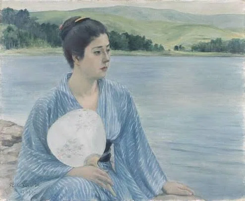 直筆絵画　女性と湖の風景 noteで学ぶ 日本の名画とアート思考 】 黒田清輝『湖畔』 － 日本の