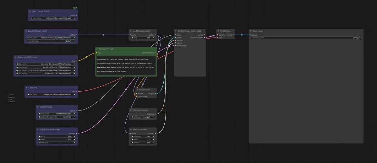 HiDream-I1-Dev_clearのComfyUIワークフロー。