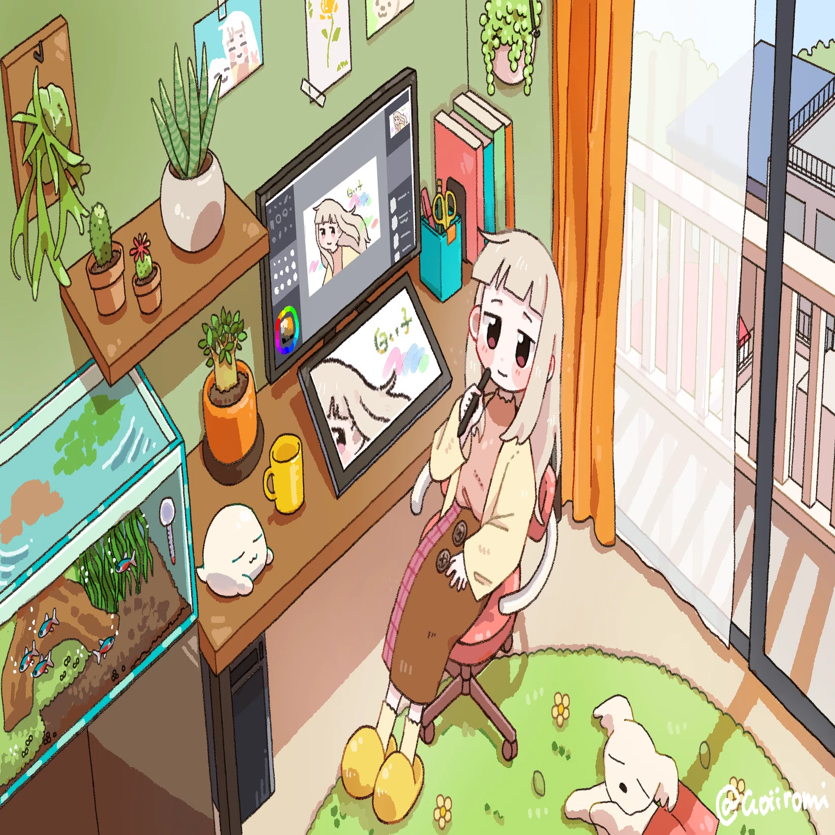 イラスト解説｜白い子ちゃんお絵描き中｜aomi.