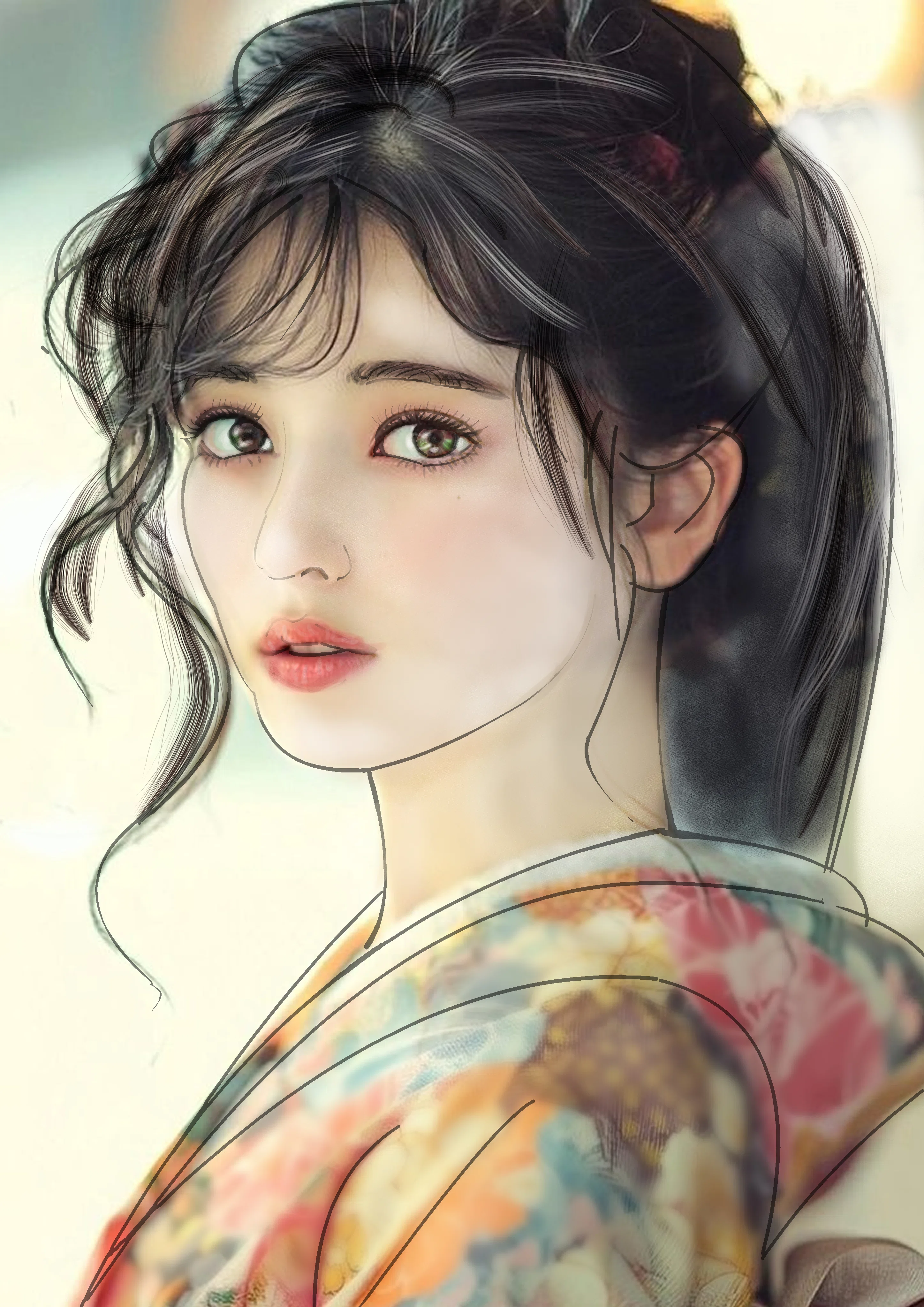 現代的な女性肖像画 手書きイラスト 絵の中での線の位置付｜sunset