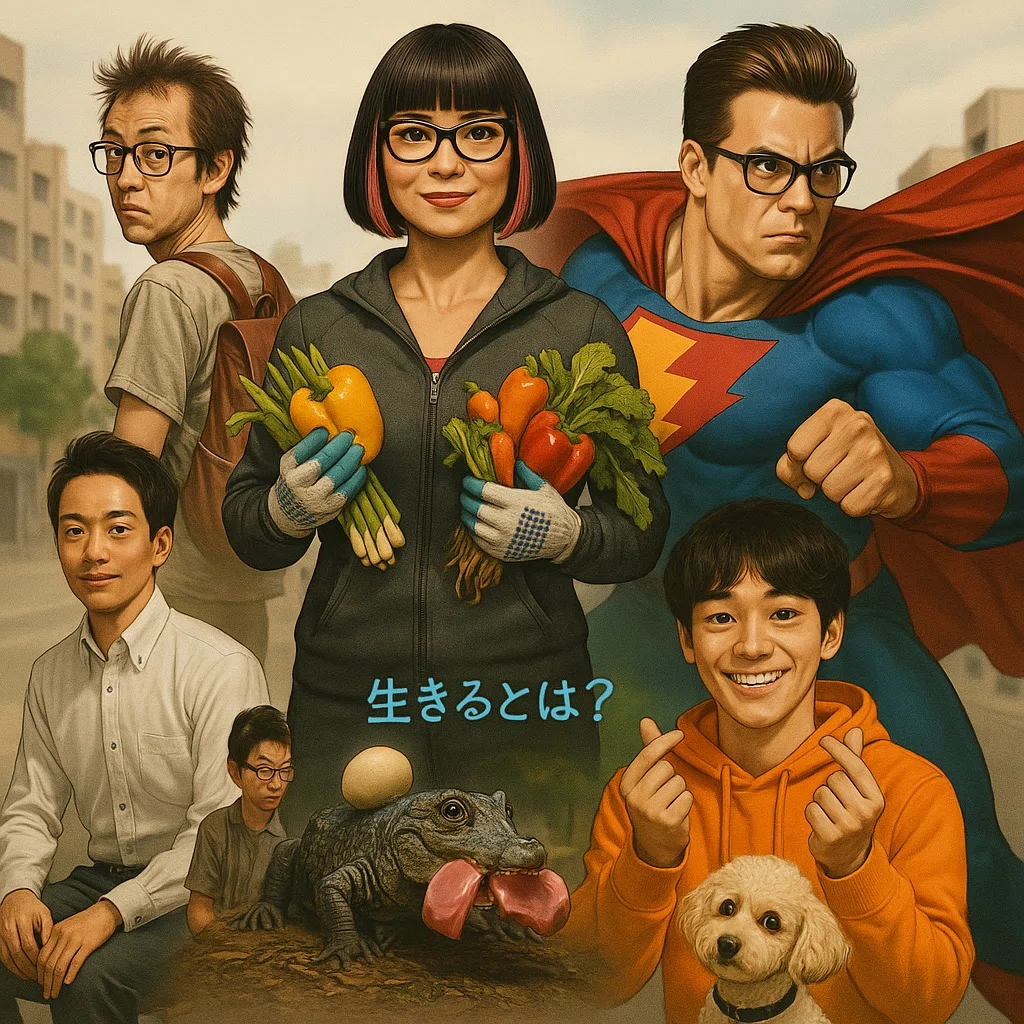 サイバーシェアハウスの住人達の集合絵。シネマ風。